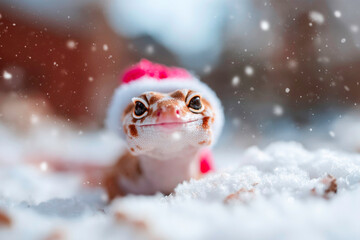 Cute Colubrid snake in Christmas hat posing in winter snow