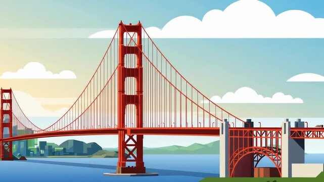 A stylized illustration of a large orange suspension bridge crossing blue water with a distant city skyline