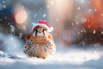 Cute Falcon in Santa hat posing in winter snow covered landscape