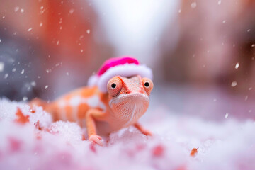 Festive Chameleon reptile wearing Christmas hat in snowy scene