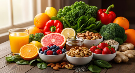 A colorful array of fresh fruits, crisp vegetables, and wholesome nuts, promoting balanced nutrition, essential for a strong immune system, vitality, and overall well-being