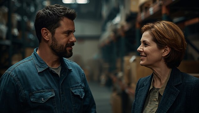 Discussing inventory, man and woman standing in warehouse aisle, with shelves and cardboard boxes
