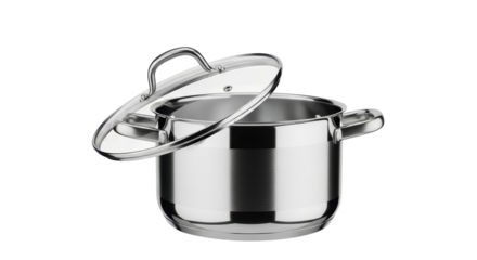 Stainless steel cooking pot with a glass lid isolated PNG with Transparent Background