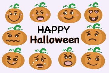 Fototapeta premium A set of cute Halloween pumpkin emojis featuring a variety of facial expressions, from happy and surprised to sad and in love. Perfect for Halloween decorations, stickers, and digital artwork.