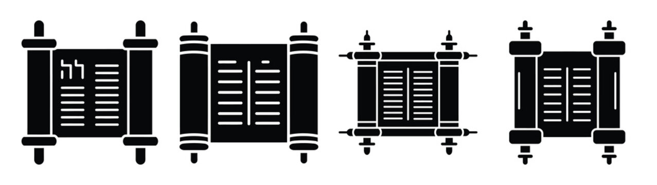 torah scroll minimal silhouette icon set. Hanukkah icons. black color and white background