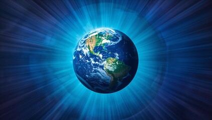Fototapeta premium Floating planet Earth revealing clouds in outer space, with blue radial beams and distant stars