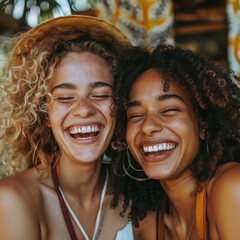 Close up portrait of friends laughing together, showcasing joy and connection in vibrant setting