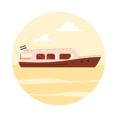 Flat design of a Netherlands canal boat with Dutch flag on isolated background vector illustration