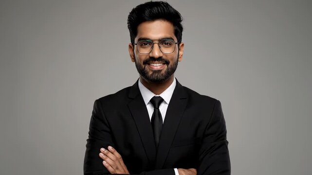A confident young indian businessman in a black suit and glasses smiles with his arms crossed against a plain grey background