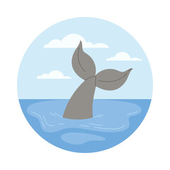 Isolated whale tail in Norwegian sea with clouds and blue sky vector illustration