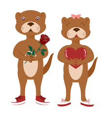 Cartoon otter couple holding a rose and a red heart for Valentine or wedding decoration