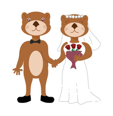 Cute Cartoon Otter Bride and Groom Wedding Couple