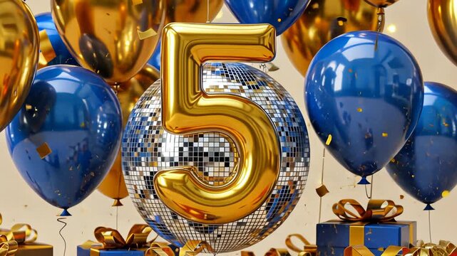 Celebration with golden number five and festive blue and gold balloons