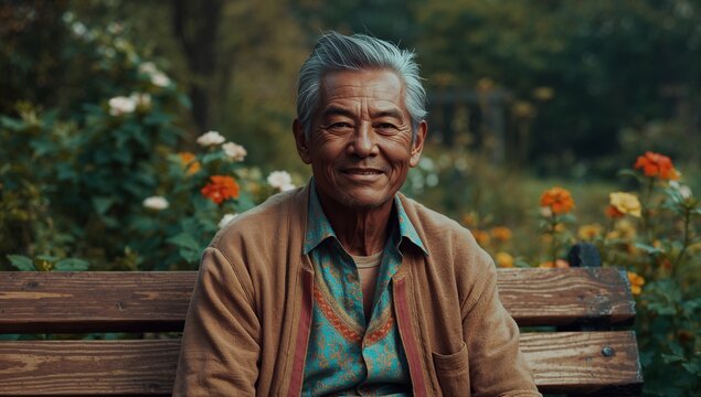 Asian man sitting on wooden bench in rose garden, wearing blue shirt and cardigan