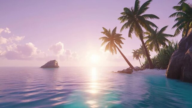 Serene tropical beach with palm trees and a vibrant sunset over the calm ocean