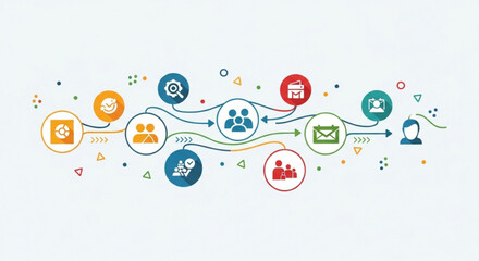 Workflow diagram with icons representing different stages of a process, including targeting, teamwork, communication