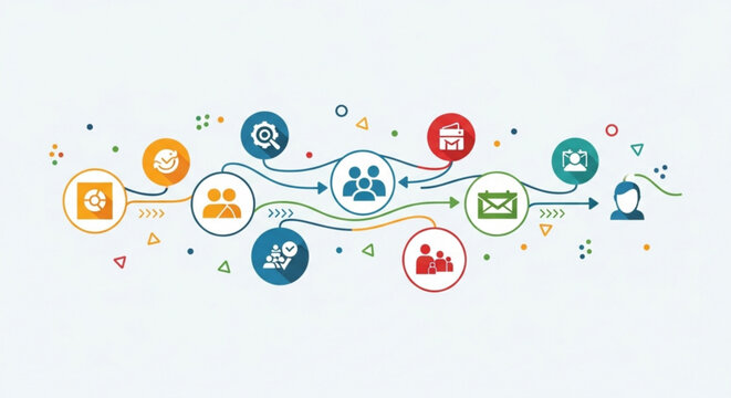 Workflow diagram with icons representing different stages of a process, including targeting, teamwork, communication