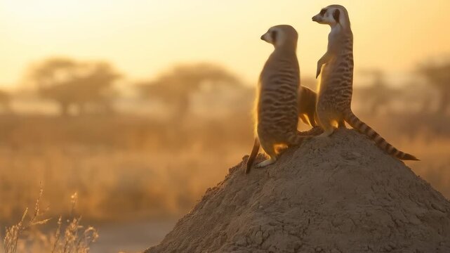 A family of meerkats stands on a mound, silhouetted by the warm glow of the sunset, showcasing the vigilant nature of wildlife in their natural habitat.