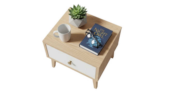 Bedside table with a book titled "The Night Circus" isolated PNG with Transparent Background
