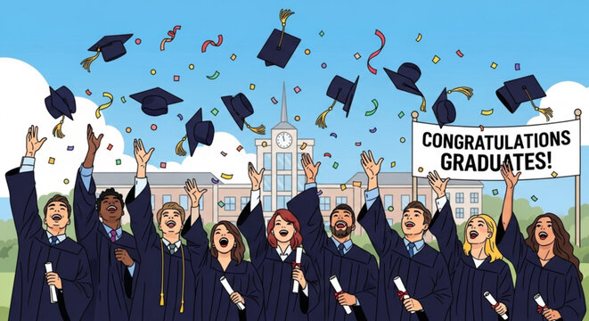 A joyful graduation celebration with diverse graduates throwing their caps in the air against a backdrop of a university building and blue sky