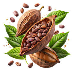 Open cocoa pod with beans and leaves isolated on transparent background