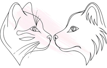 Continous line drawing cat dog faces touching noses with  brush strokes Single line