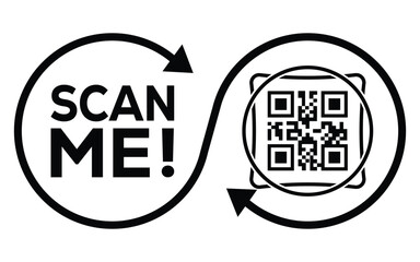 A black and white vector graphic featuring two interconnected circles: one with the call-to-action "SCAN ME!" and the other containing a QR code. The design forms an infinity loop.