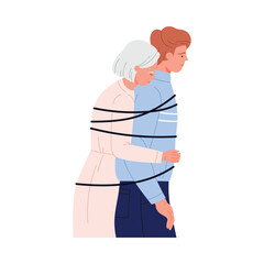Isolated concept of codependent parent and adult child emotionally tied together vector illustration
