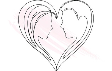 Continous line drawing couple silhouettes forming a heart shape with  brush strokes Single line