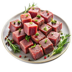 Raw beef cubes with rosemary and peppercorns isolated on transparent background