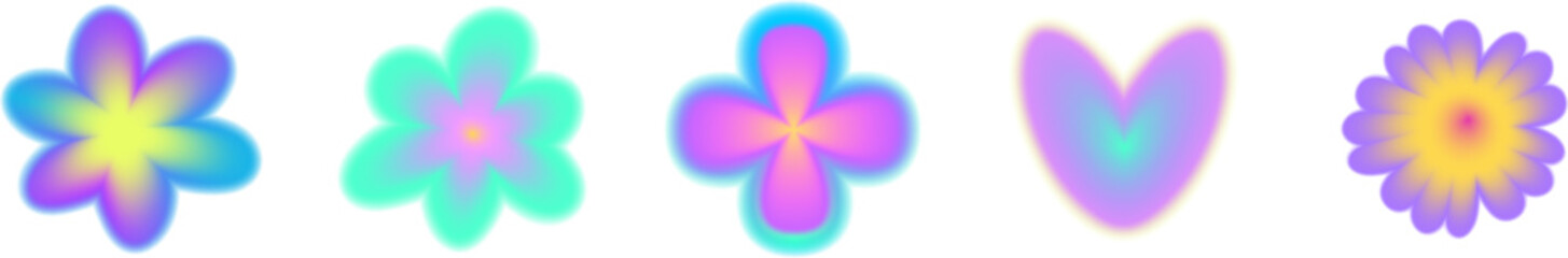 Y2k flower with gradient shine and delicate blur tones. Abstract mesh element, gradient flower aura and soft blur vector effect.