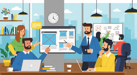 A team of professionals collaborates in a modern office, reviewing website designs and brainstorming ideas on a whiteboard, fostering a creative and productive environment