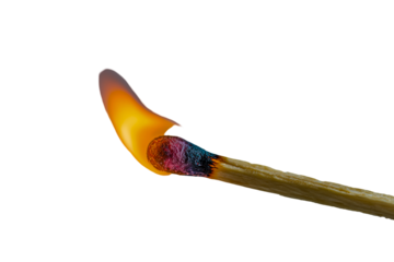 Close up of a burning matchstick with a bright orange flame isolated on transparent background