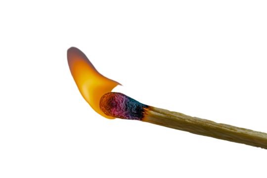 Close up of a burning matchstick with a bright orange flame isolated on transparent background
