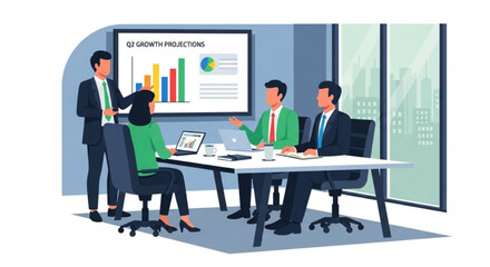 A collaborative business meeting with a presentation on growth projections, featuring a team discussing data and strategies in a modern office setting