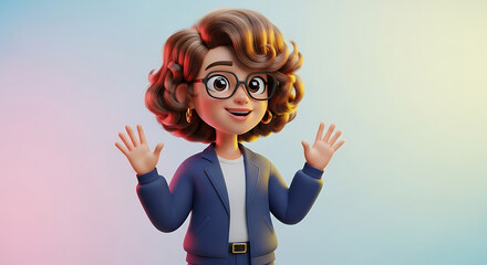 Animated woman with curly brown hair, wearing glasses and a blue blazer, smiling and gesturing with open hands.