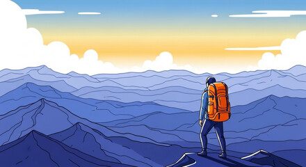 A lone hiker gazes upon a vast mountain range under a serene sky, embodying exploration, adventure, and the beauty of natures boundless horizons