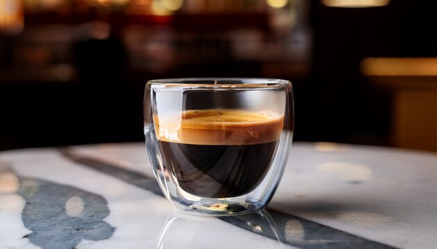 Caffee Espresso In Glass On Marble Table In Cafeteria