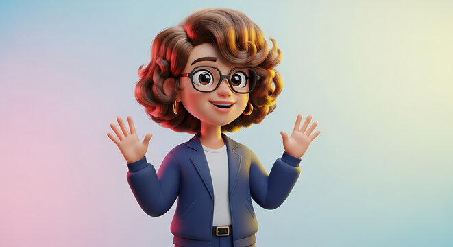 Animated woman with curly brown hair, wearing glasses and a blue blazer, smiling and gesturing with open hands.