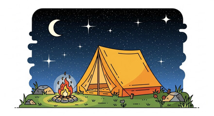A tent is set up in a campsite at night, with a campfire burning, the moon and stars shining in the sky, and trees in the background