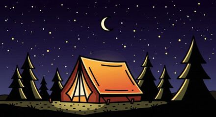 A tent is set up in a forest at night, with the moon and stars shining in the sky, and tall pine trees surrounding the campsite