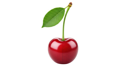 Single fresh cherry fruit with stem and leaf isolated PNG with Transparent Background