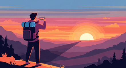 A hiker stands on a mountain top, capturing the sunset with his phone, a backpack slung over his shoulder, enjoying the panoramic view of the colorful sky