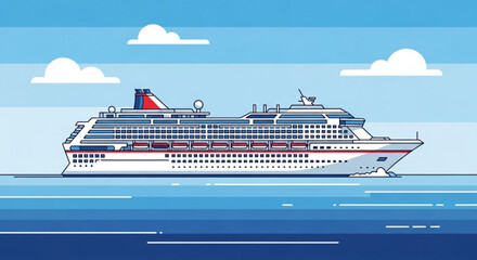 A cruise ship sails on the ocean, a luxurious vessel with multiple decks, lifeboats, and a prominent smokestack against a blue sky and sea backdrop