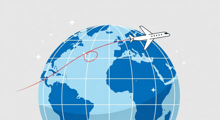 A stylized globe with continents in shades of blue, encircled by a red airplane path, symbolizing global travel and connectivity