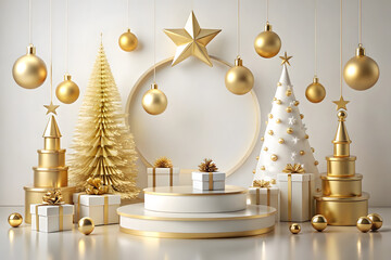 Christmas tree with gifts and ornaments on white background