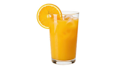 Orange juice in a tall glass with ice and fruit garnish isolated PNG with Transparent Background