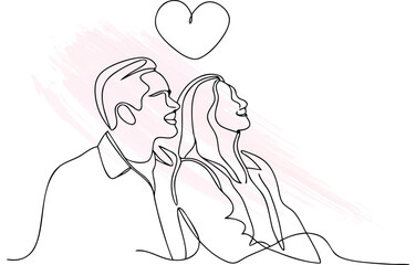 Couple embracing with heart above in continuous line art style with  brush strokes Single line