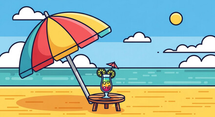 A refreshing cocktail sits on a table under a colorful umbrella on a sunny beach, with the ocean and sky in the background, creating a relaxing summer scene