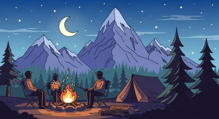 A group of friends camping under the stars, sitting around a campfire with mountains and a crescent moon in the background, creating a peaceful night scene